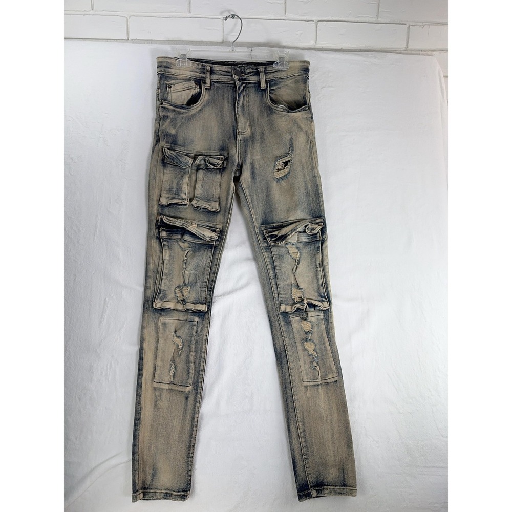 Spark‎ Jeans Mens 32x32 Blue Distressed Cargo Skinny Fit Stretch Denim Pants